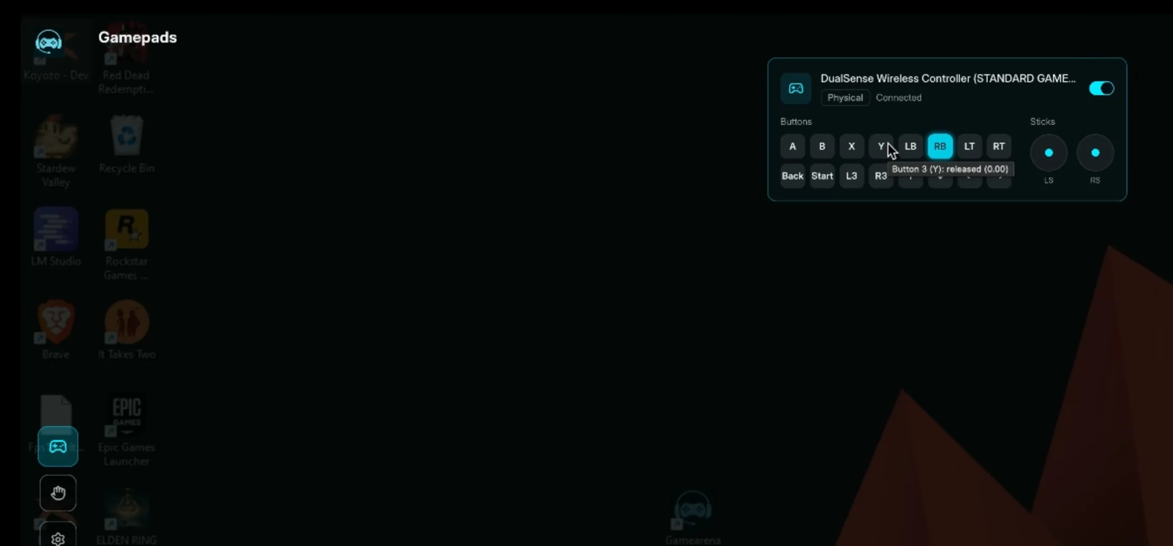 Gamearena gamepad test in overlay settings showing button mapping