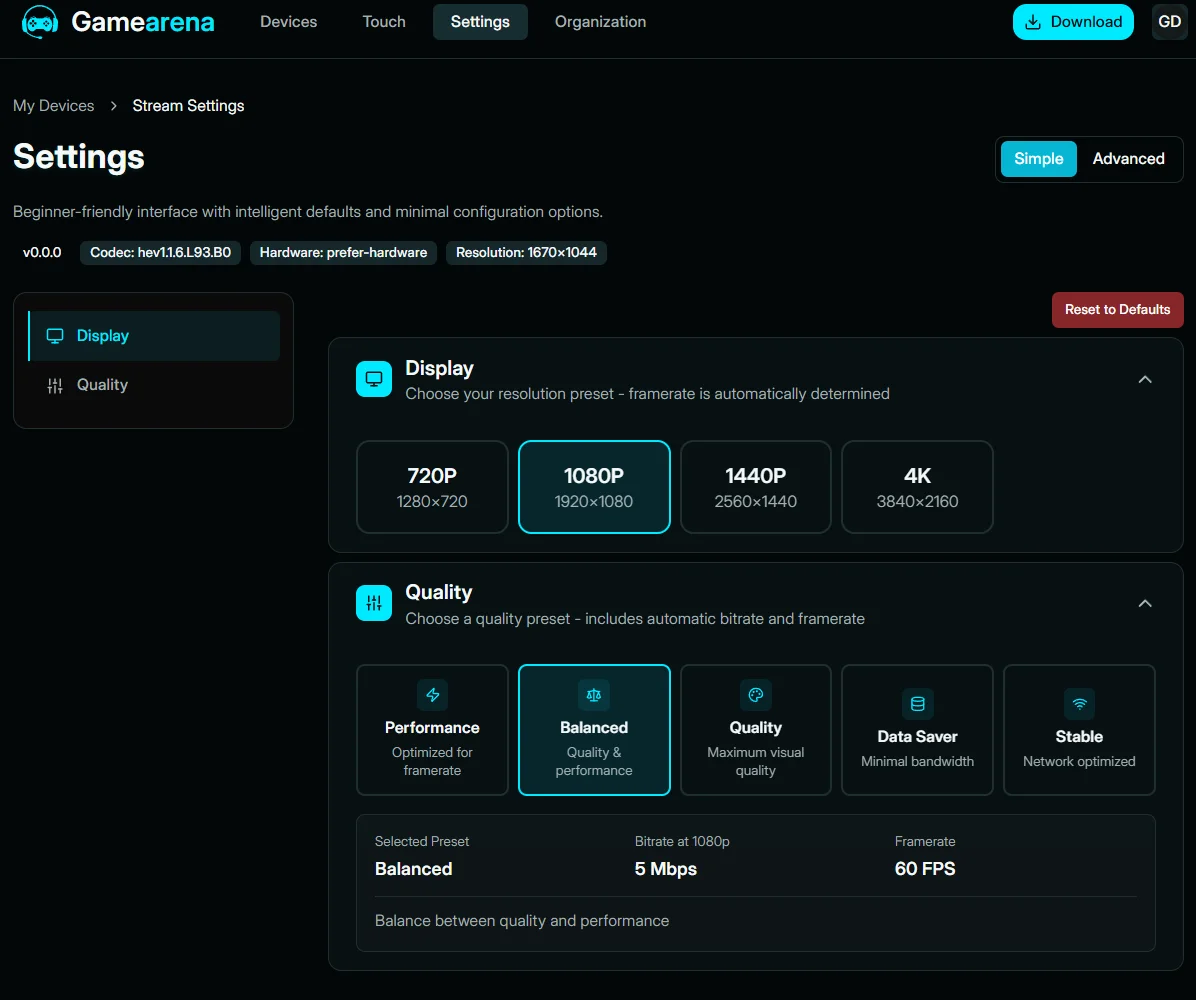 Gamearena dashboard Stream Settings in Simple mode, showing resolution and quality presets