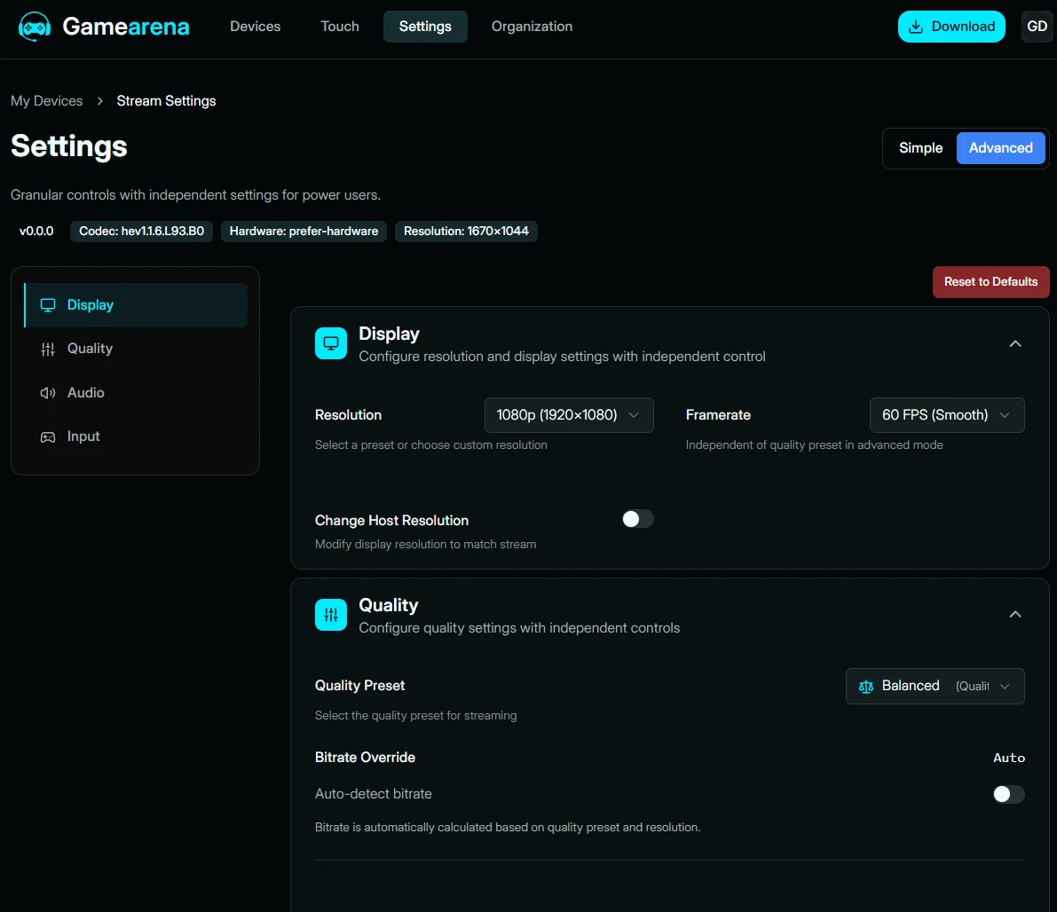 Gamearena dashboard Stream Settings in Advanced mode, showing independent resolution, framerate, and encoder controls