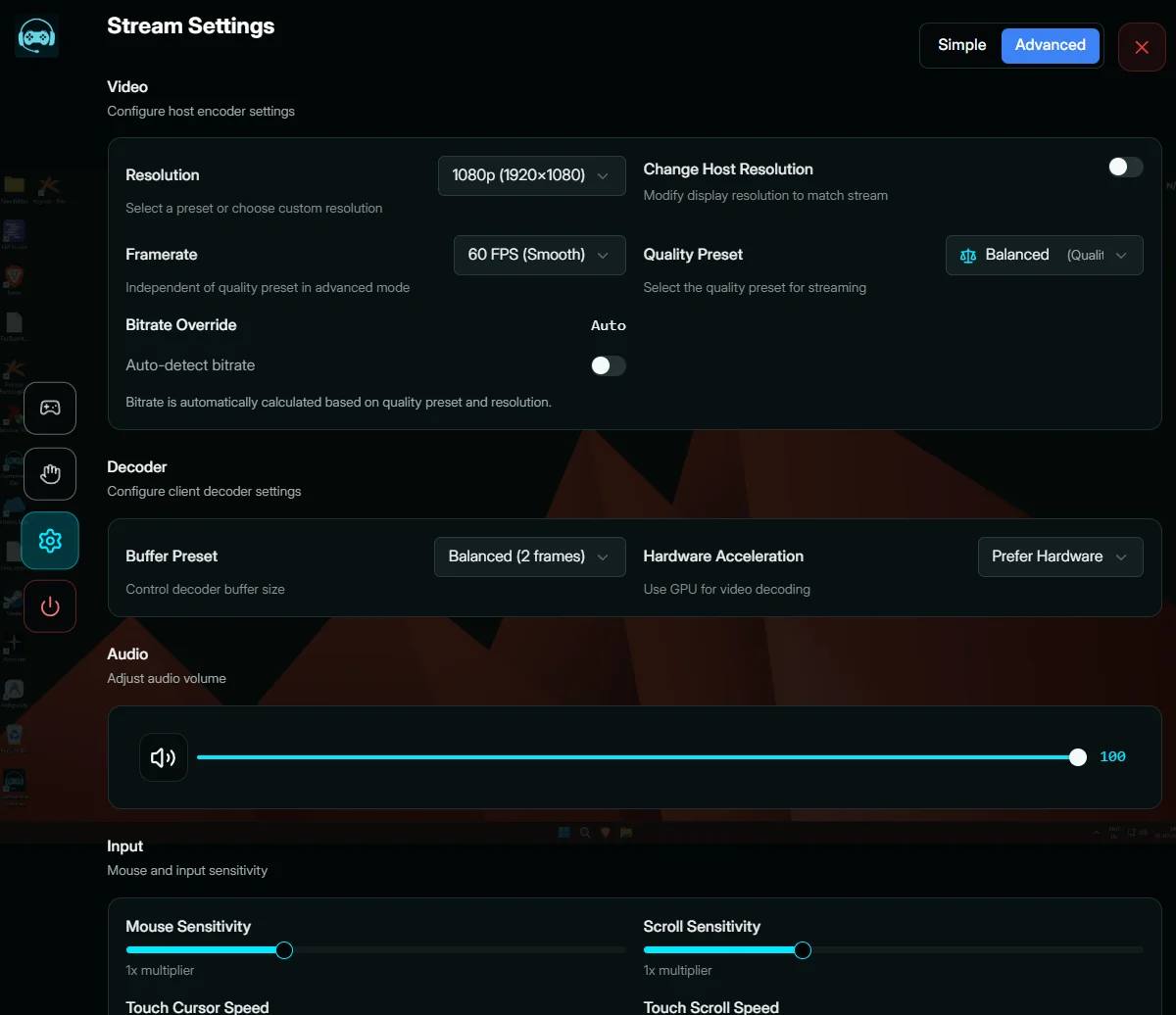 Gamearena in-session Stream Settings panel in Advanced mode with Video, Decoder, Audio, Input, and Shortcuts sections