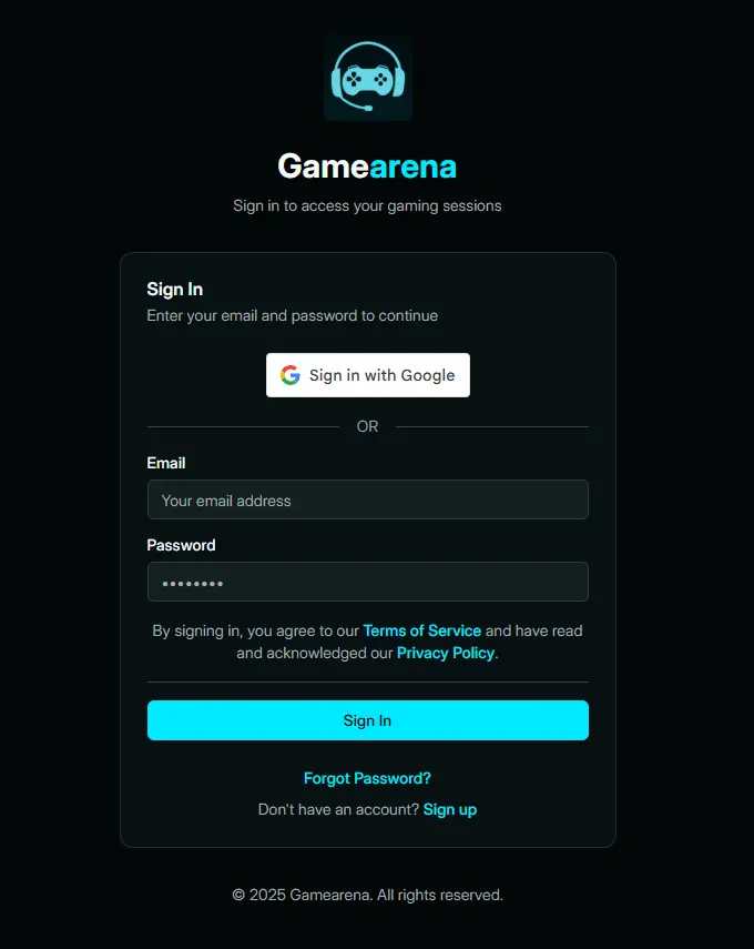 Gamearena web app login and signup page